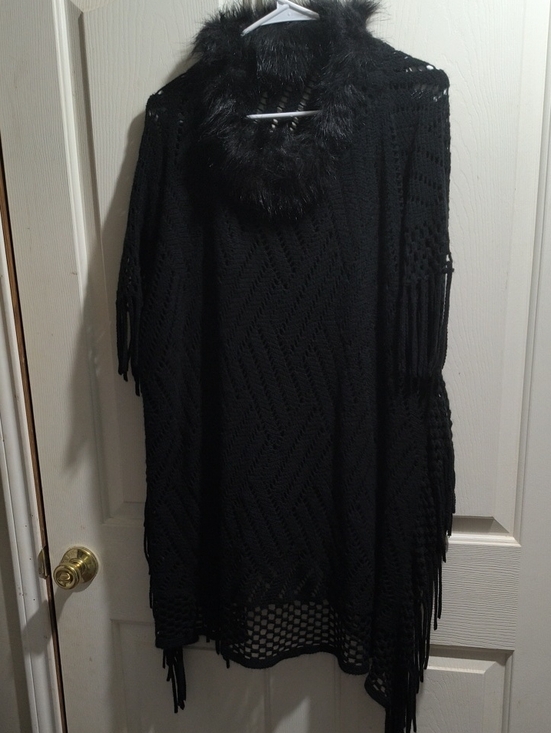 Sweaters - Black Faux-Fur Trim Open Knit Fringe Sweater Poncho